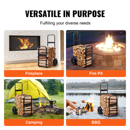 Firewood Log Cart Heavy Duty 250 lbs Capacity, Carbon Steel Wood Carrier with Pneumatic Rubber Wheels, Outdoor Indoor Log Hauler Dolly for Fireplace Fire Pit Camping