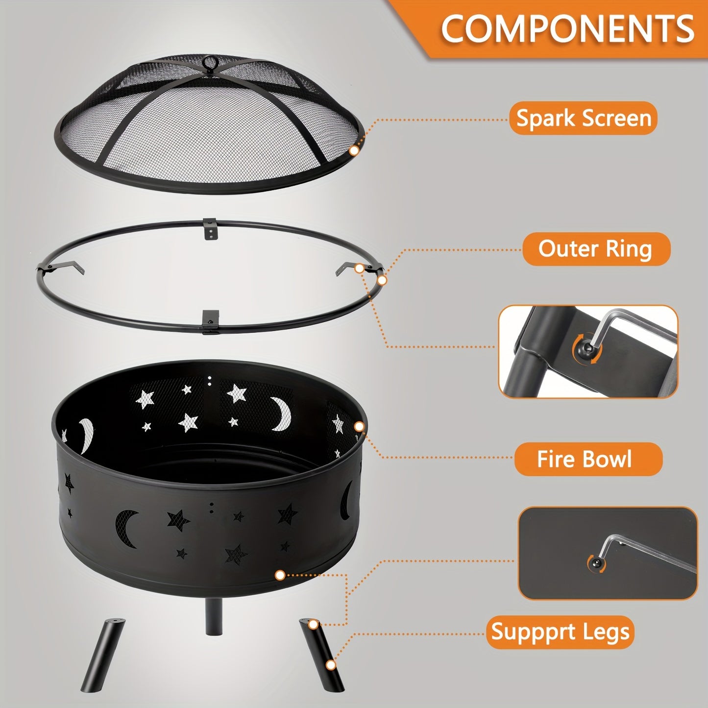 Fire Pit 30 Inch Round Wood Burning Outdoor Backyard Patio Steel Bowl with Spark Screen Mesh Lid Star Moon Cutout Carrying Ring Poker Included Black