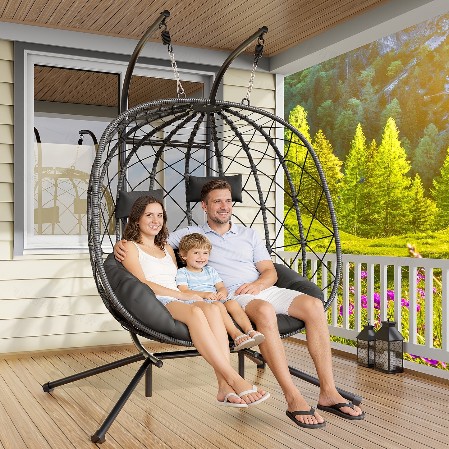 Outdoor Egg Chair with Stand Rattan Wicker Hanging Swing Hammock Chair Thickened Aluminum Frame UV-Resistant Cushion 350LBS Capacity Patio Balcony Deck Lawn Seat