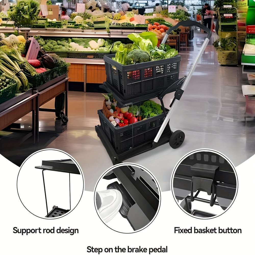 Folding Shopping Cart with 2-Layer Storage Crate | Heavy Duty Collapsible Utility Cart for Groceries, Warehouse & Supermarket | Black