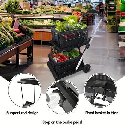 Folding Shopping Cart with 2-Layer Storage Crate | Heavy Duty Collapsible Utility Cart for Groceries, Warehouse & Supermarket | Black
