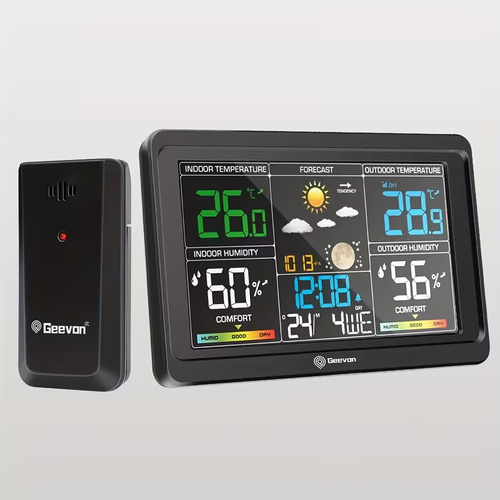 Wireless Weather Station - Indoor Outdoor Thermometer with 7.6" LCD, Barometer, Humidity, Moon Phase & USB Charging