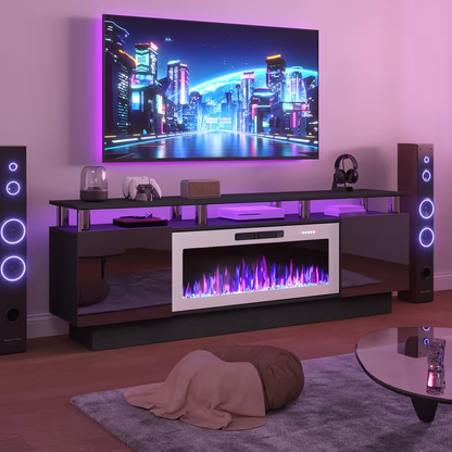 Fireplace TV Stand 70 Inch with 36" Electric Fireplace 2-Tier High Gloss Wood Entertainment Center LED Lights Cabinet Media Console Living Room