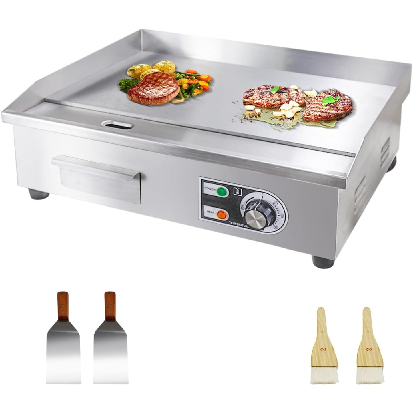 Electric Flat Top Grill 14"/22" – Commercial Teppanyaki Griddle, Non-Stick Cast Iron Cooking Surface, Adjustable Temp 122–572°F, Stainless Steel, Indoor & Restaurant Use