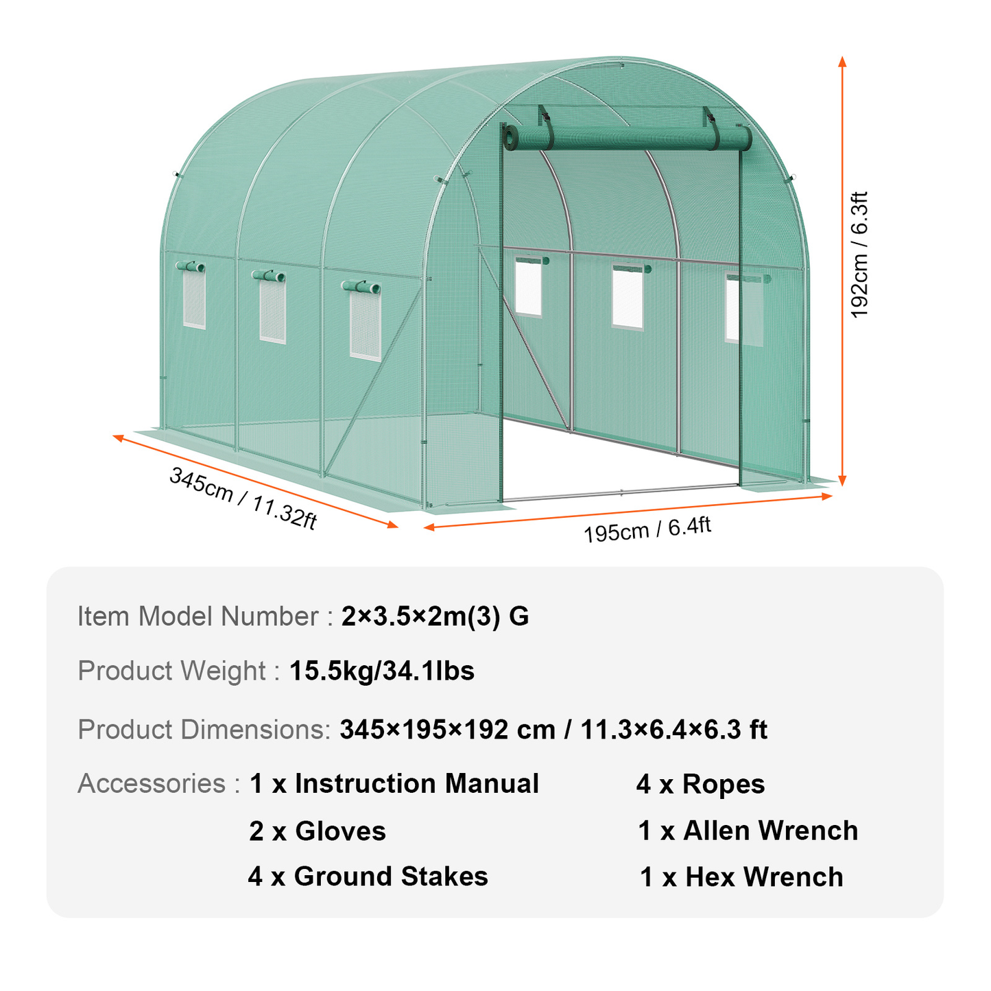 Tunnel Greenhouse Heavy Duty Galvanized Frame 140g/m² PE Cover, 6 Vent Windows Walk-In Hoop House for Garden & Farm, Multiple Sizes