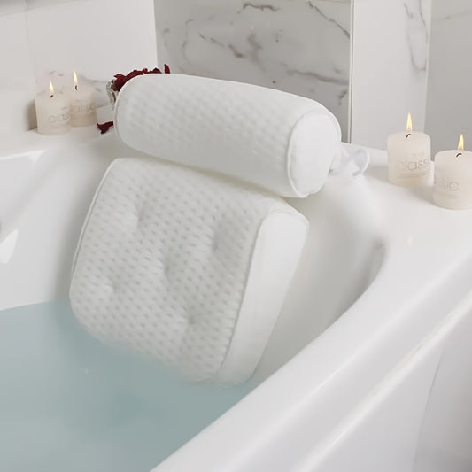 Bath Pillow 4D Grid Neck and Back Support Bathtub Cushion with 6 Suction Cups, Hooks, Quick-Dry & Machine Washable Spa Pillow for Tub Relaxation, Home Bathroom Accessory