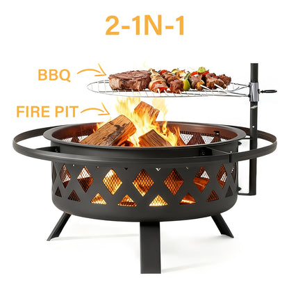 30 Inch Large Outdoor Fire Pit with Grill Grate, Steel Wood Burning Fire Bowl for Backyard Patio Garden BBQ Camping Picnic, Charcoal Log Burner Heater