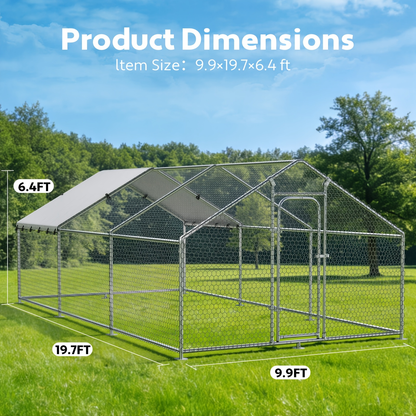 Dog Kennel Outdoor Large Metal Walk-in Chicken Run Pen Poultry Cage with Anti-UV Cover Movable Rack or Dolly 2 Sizes for Farm Backyard Chickens Dogs Rabbits