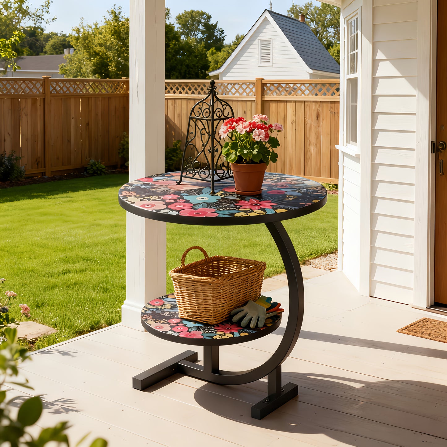 Small Round Side Table Sofa End Table Floral Mandala Desktop Accent Table for Living Room Bedroom Balcony Patio Outdoor Indoor Use