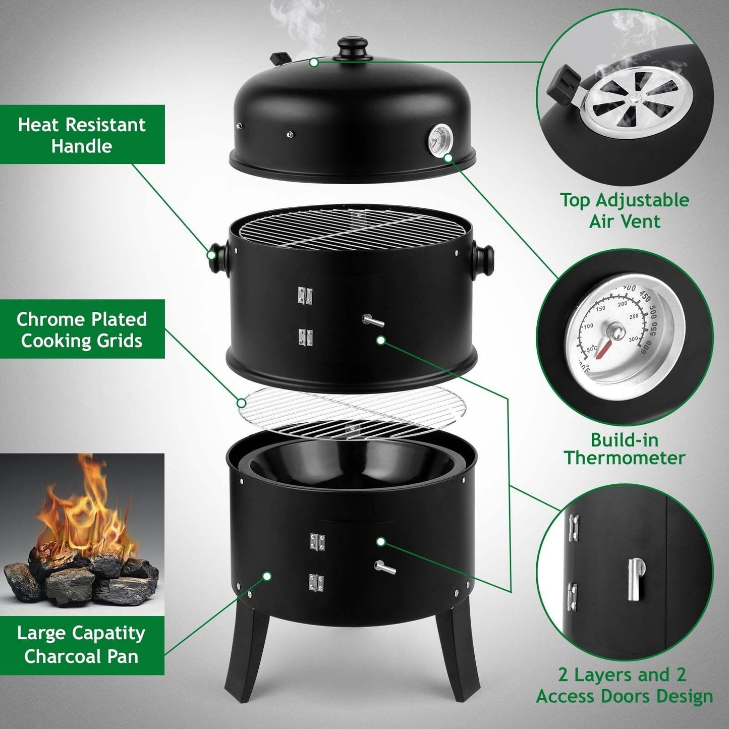 Charcoal Smoker Grill 3-in-1 Portable Outdoor BBQ with Built-in Thermometer, Adjustable Height & Spacious Cooking Grate for Camping Backyard Tailgate, Black