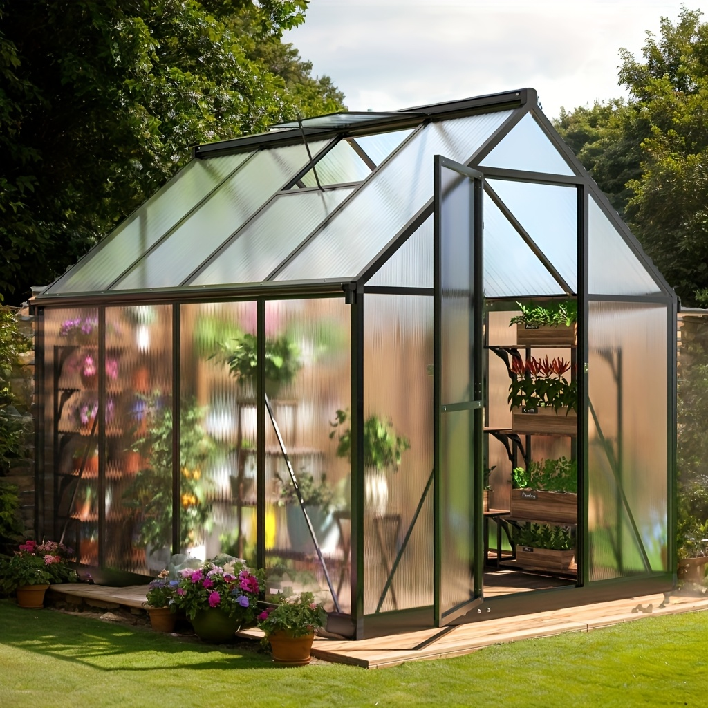 Polycarbonate Greenhouse with Aluminum Frame – Walk-In Outdoor Garden Greenhouse with Roof Ventilation, Lockable Door & UV Protection, 4x6 / 6x7.5 / 10x12 FT