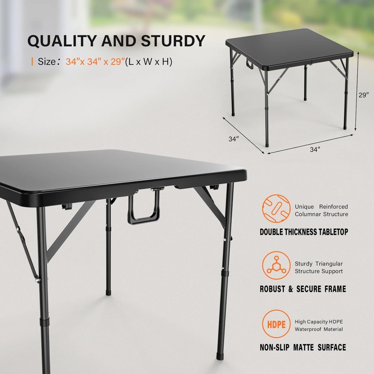 Square Folding Table 34" Bi-Fold HDPE Top 330 lbs Capacity Rust-Resistant Frame with Carry Handle for Party, Wedding, Camping & Indoor Use