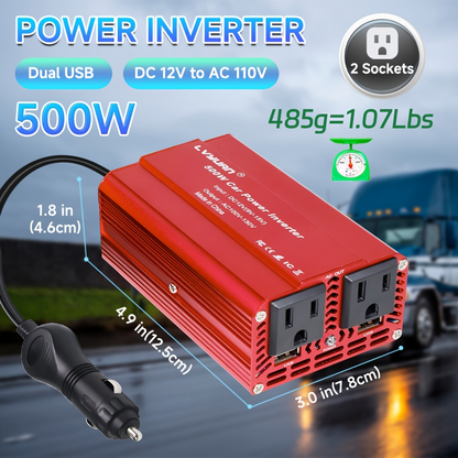 Power Inverter 500W / 2500W 12V DC to 110V AC - 3 AC Outlets & Dual USB Ports, LED Display, Car Inverter for Boat, Vehicle, RV, Truck & Camping Off-Grid Power