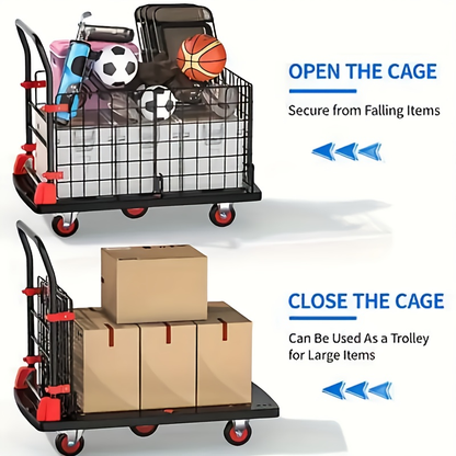 Folding Platform Cart with Removable Cage & Silent Wheels, 400-900 lbs Capacity, Anti-Skid Deck, Telescopic Handle for Moving, Warehouse and Storage