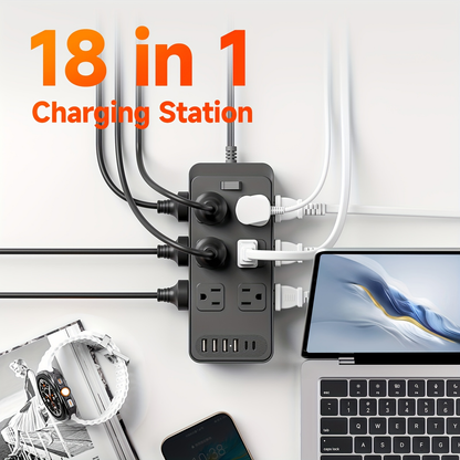 Charging Station 18-in-1 Power Strip Surge Protector 12 AC Outlets 6 USB Ports 4 USB-A 2 USB-C Flat Plug Wide Spacing Wall Mount for Home Dorm Office Travel