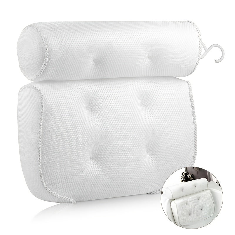 Bath Pillow 4D Grid Neck and Back Support Bathtub Cushion with 6 Suction Cups, Hooks, Quick-Dry & Machine Washable Spa Pillow for Tub Relaxation, Home Bathroom Accessory