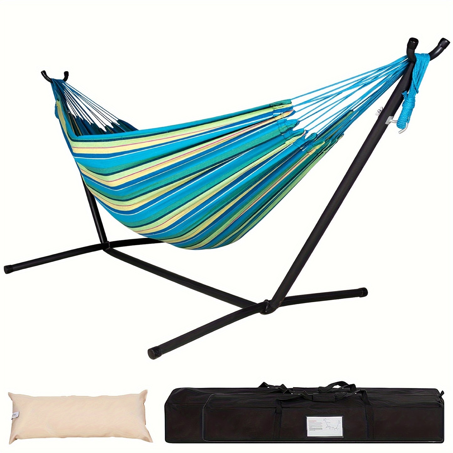 Double Hammock with Steel Stand 450 lbs Heavy Duty Portable Outdoor Indoor Carry Case Head Pillow No Assembly Camping Patio Backyard Multiple Colors