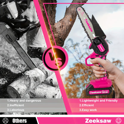 Mini Chainsaw for Women – 6-Inch Pink Cordless Electric Handheld Saw with Battery Level Display, Battery & Charger Included, Gardening Gift