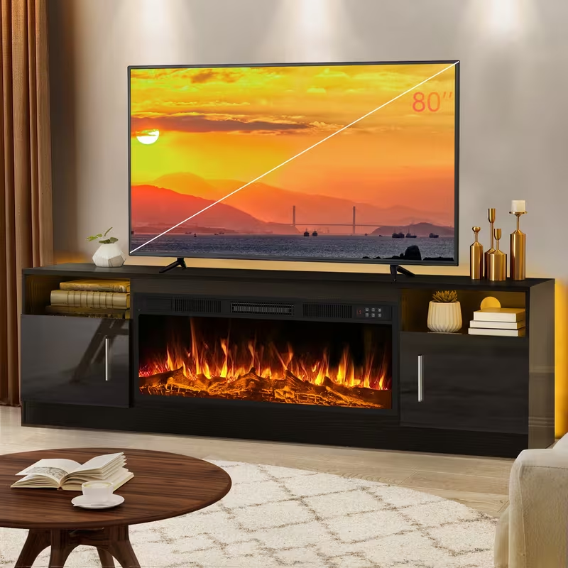 TV Stand with Fireplace 70 Inch for TVs up to 80" 36" Electric Fireplace LED Light Entertainment Center Highlight Storage Cabinet Modern Wood Media Console