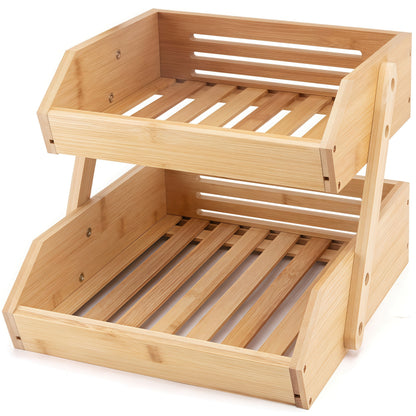 Fruit Basket Stand 2 & 3 Tier Wooden Countertop Organizer Large Capacity Kitchen Storage for Fruits Vegetables Bread Produce with Banana Hooks Natural Wood
