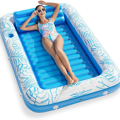 Tanning Pool Float 4-in-1 – Inflatable Sunbathing Lounger with Detachable Pillow, Cup Holder & Wrap Rope, Water-Filled Sun Tan Tub Raft for Adults, PVC