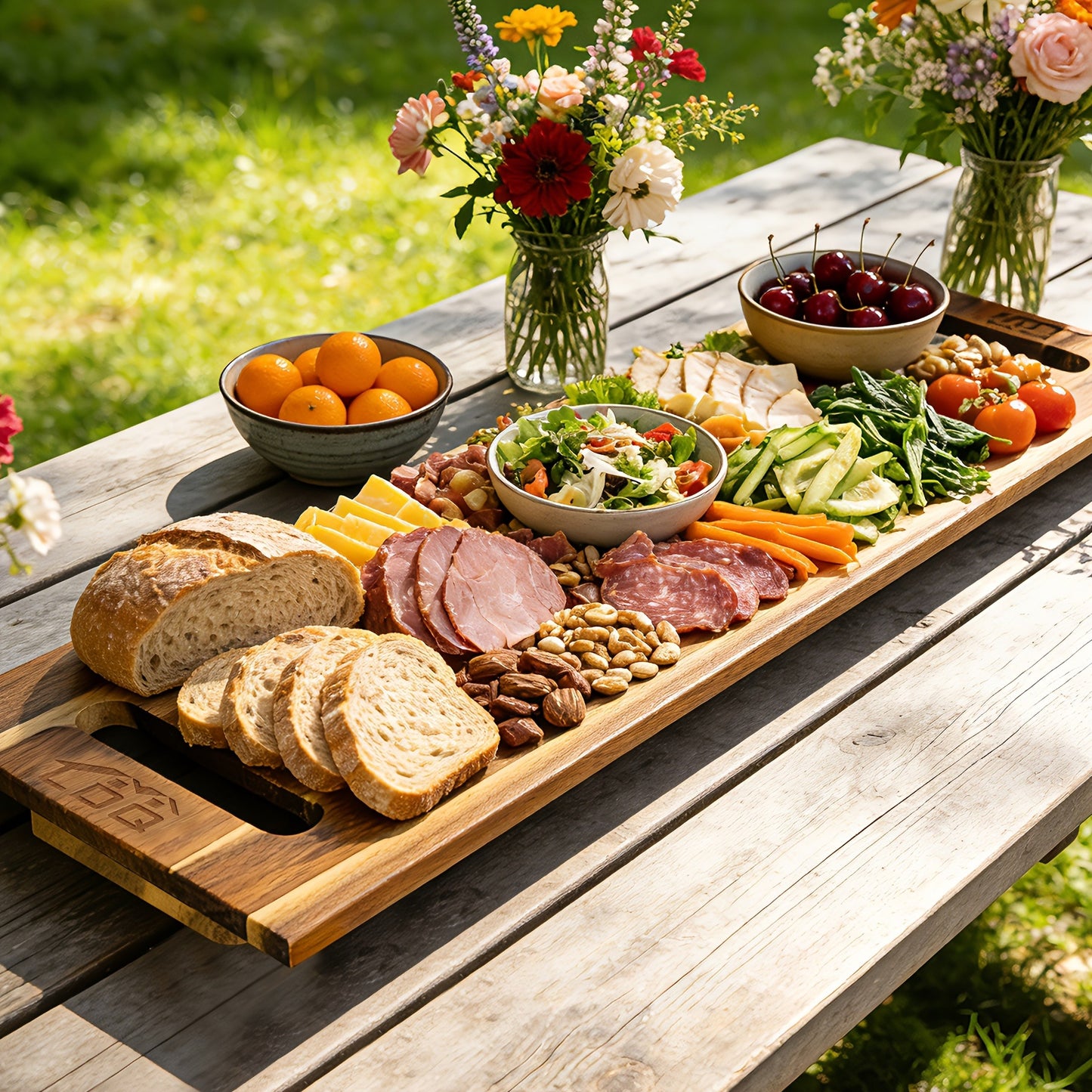 Charcuterie Board Wood 36x11 Extra Long Serving Board with Handles & 2 Display Bases for Parties Wedding Camping Easter Gifts