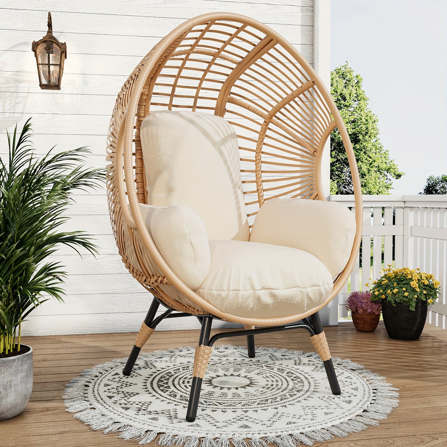 Egg Chair Outdoor Wicker Oversized Hanging Basket Chair with Stand & Cushion 500LBS Capacity UV-Resistant Rattan Style Patio Lounge Chair for Garden Backyard Balcony Porch Beige Black