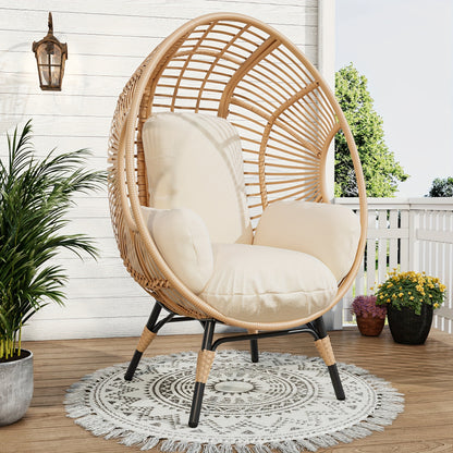 Egg Chair Outdoor Wicker Oversized Hanging Basket Chair with Stand & Cushion 500LBS Capacity UV-Resistant Rattan Style Patio Lounge Chair for Garden Backyard Balcony Porch Beige Black