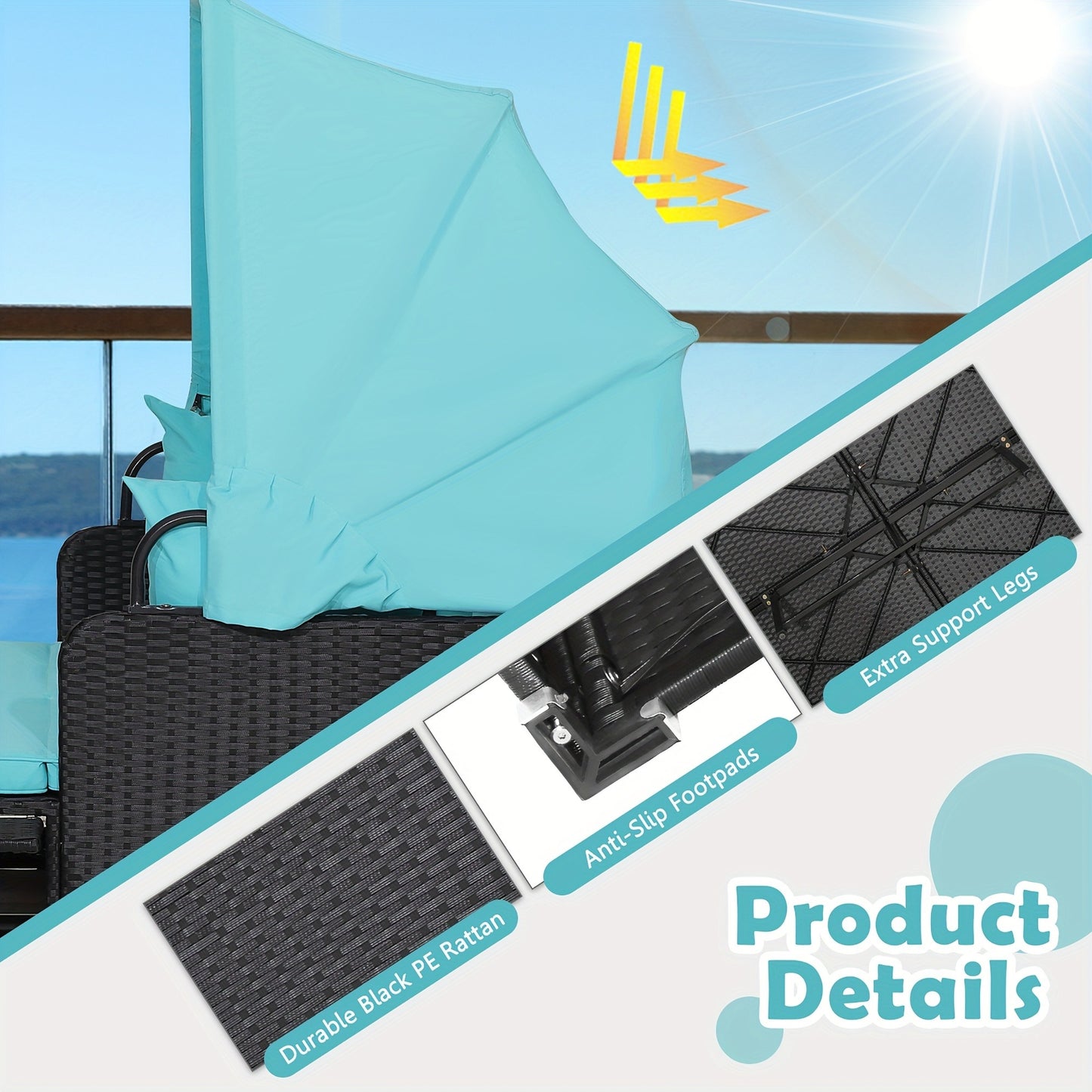 Outdoor Wicker Daybed with Retractable Canopy Side Tables Cushions PE Rattan Patio Lounge Bed Sun Lounger for Backyard Garden Pool