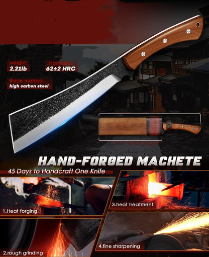 Machete High-Carbon Steel 7.8" Blade with Red Sandalwood Handle, Full Tang Outdoor Knife with Wood & Leather Case for Camping, Hiking, Gardening and Survival