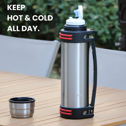 Insulated Water Bottle 2000ml 67oz Stainless Steel Vacuum Flask with Cup Handle Strap BPA Free Wide Mouth Hot Cold Drinks Camping Hiking Sports Gym Travel Gift