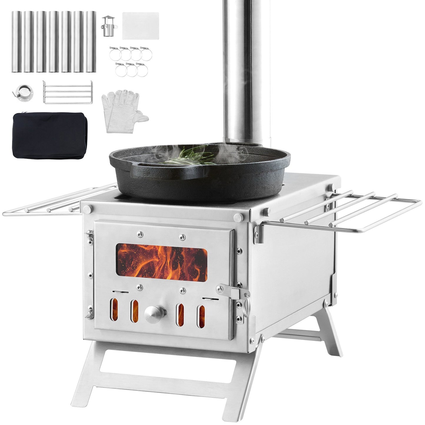 Wood Stove Camping Tent Stove 80 Inch Stainless Steel, 700in³ Firebox, 8 Accessories, BBQ Grill Plate, Chimney Pipes, Portable Outdoor Heating & Cooking, 11.71 lbs