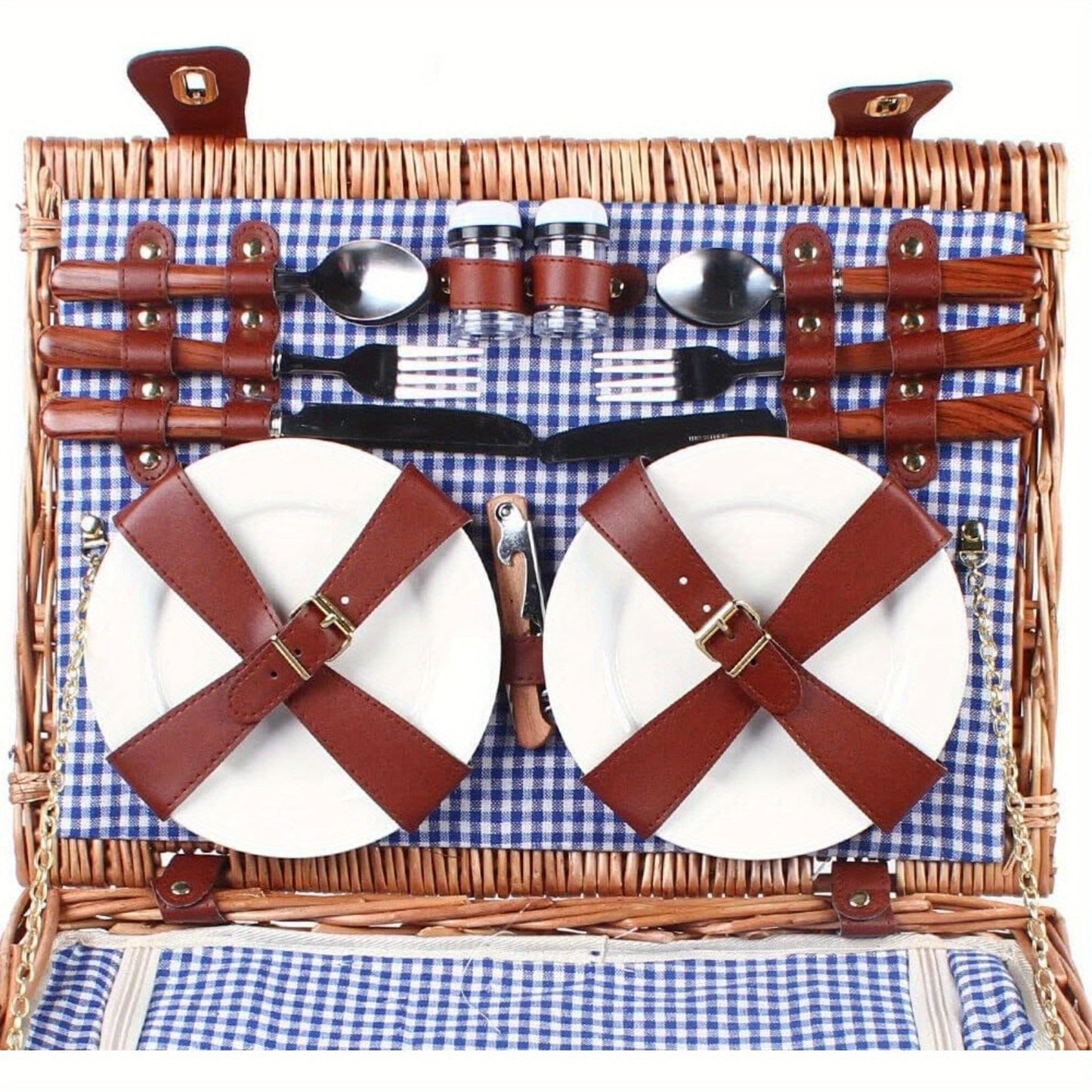 Wicker Picnic Basket for 4 with Insulated Cooler – Large Willow Hamper Set with Cutlery, Ceramic Plates, Wine Glasses for Camping, BBQ & Outdoor Gatherings