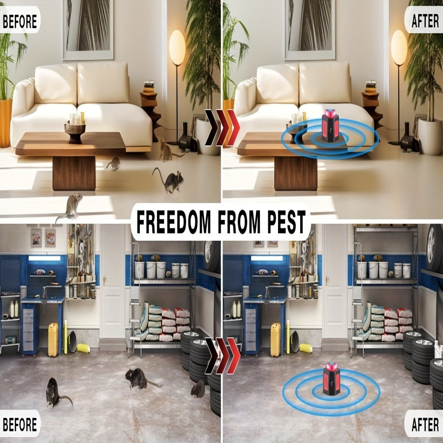 Plug-In Pest Repeller 4-in-1 – 360° Soundwave Coverage, Repels Mice, Rats, Cockroaches, Bats & Squirrels, Non-Toxic Safe Solution for Garage, Home & Office