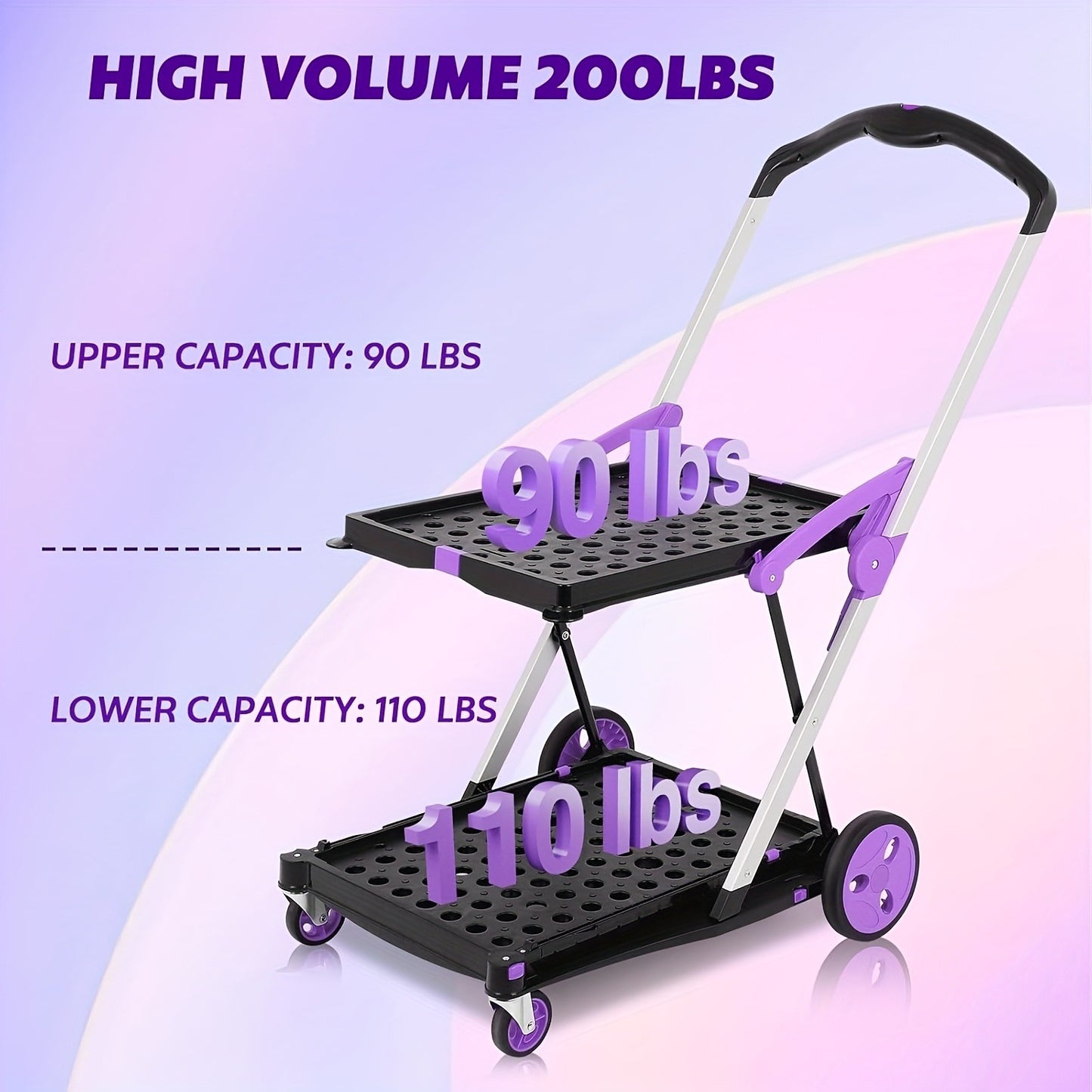 Collapsible Utility Cart 200 lb Heavy Duty Foldable Shopping Trolley 4-Wheel 360° Swivel Locking Brake Lightweight Portable Dolly for Grocery Mall Camping Pink Purple