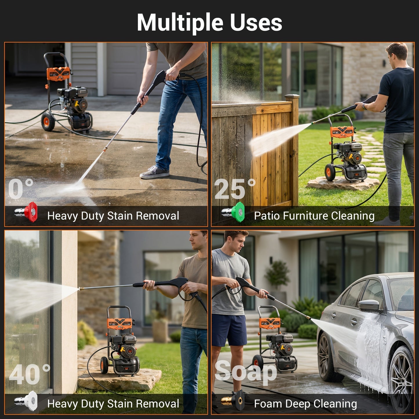 Gas Pressure Washer 3500PSI 7HP 212CC OHV Engine 2.3GPM 25-Foot Hose 4 Quick-Connect Nozzles Axial Cam Pump 10-Inch Pneumatic Tires for Driveways Decks Cars RV