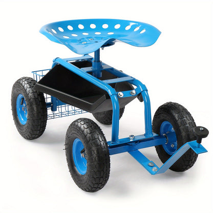 Rolling Garden Seat Cart | Backrest, Cushion, Telescopic Handle & Storage Basket, Steel Frame