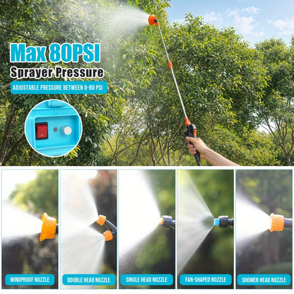 Battery Powered Backpack Sprayer 3.2 Gallon 0-80 PSI Adjustable Electric Garden Sprayer with Steel Telescopic Wand 5 Nozzles 2.0Ah 18V Battery & Charger