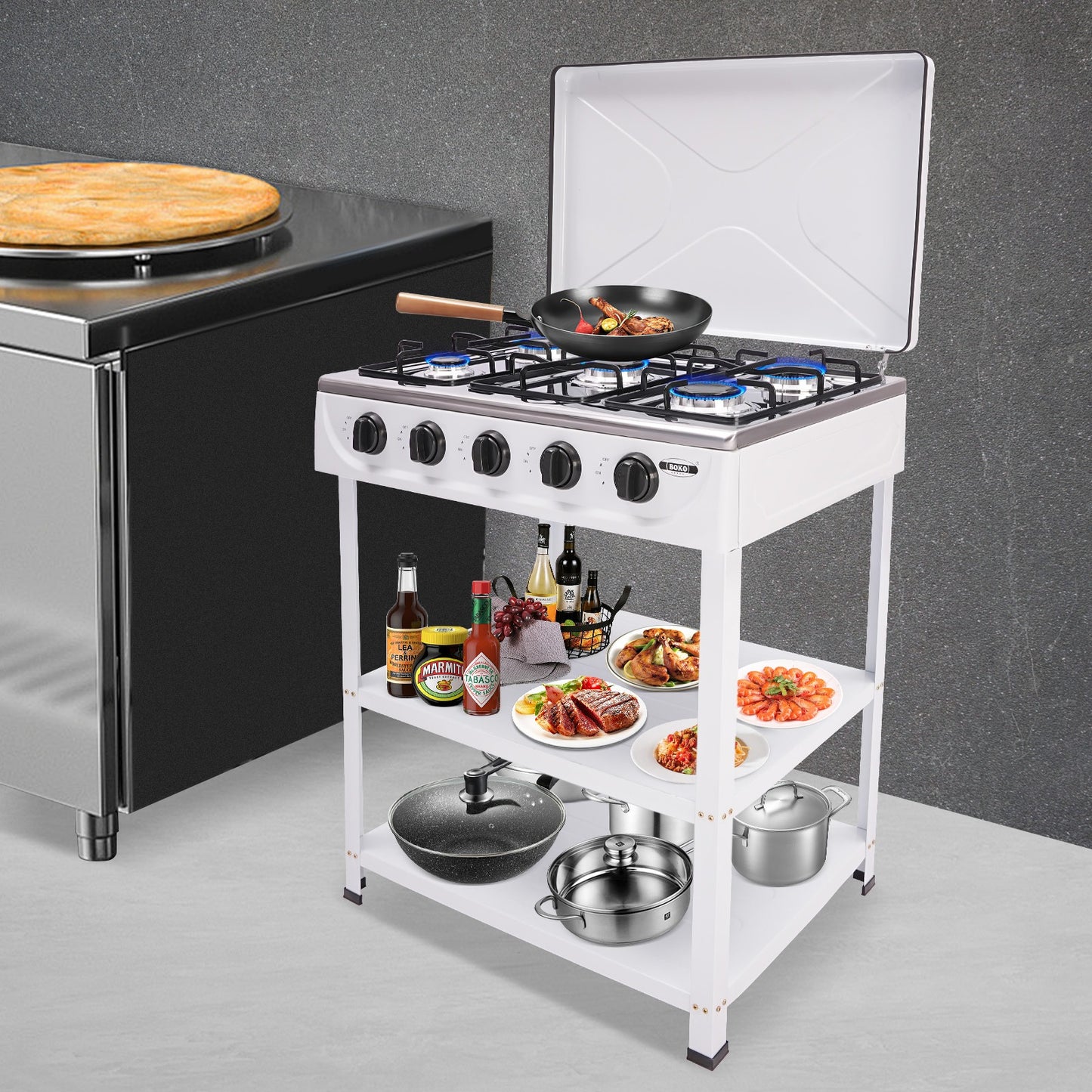 5-Burner Gas Stove CNCEST Portable Natural Gas Stove | 2.5kW Per Burner | Freestanding Outdoor Cooking Stove for RV, Camping, Tailgating & Backyard | White, 64×44.5cm