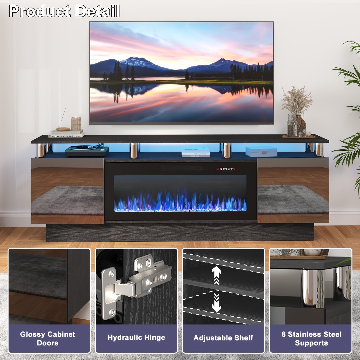 Fireplace TV Stand 70 Inch with 36" Electric Fireplace 2-Tier High Gloss Wood Entertainment Center LED Lights Cabinet Media Console Living Room