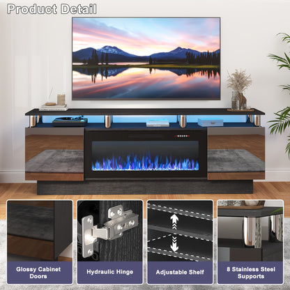 Fireplace TV Stand 70 Inch with 36" Electric Fireplace 2-Tier High Gloss Wood Entertainment Center LED Lights Cabinet Media Console Living Room