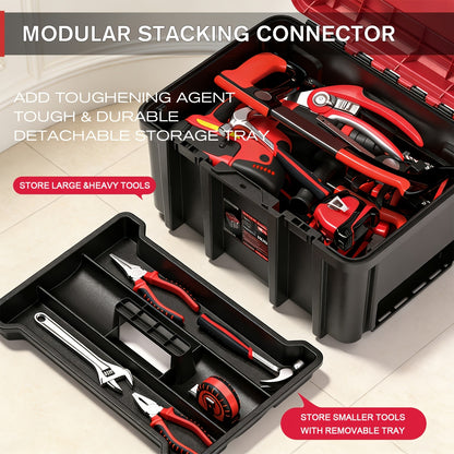 Rolling Tool Box with Wheels 3-Tier Stackable Organizer | Lockable Compartments, Connected Storage, 17" Large Plastic Toolbox for Garage, Home & Professional Work