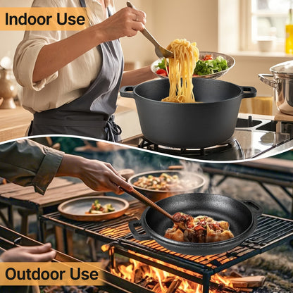 Cast Iron Dutch Oven Pre-Seasoned with Lid – Deep Pot for Bread Baking, Camping, BBQ & Stove | Double Handle, Silicone Lid, Scraper & Stand Included