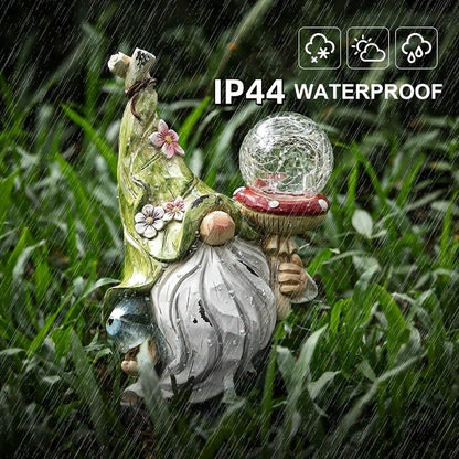 Solar Garden Gnome Statue with LED Magical Ball Light Outdoor Resin Dwarf Sculpture IP44 Waterproof Spring Yard Patio Decor Housewarming Gift