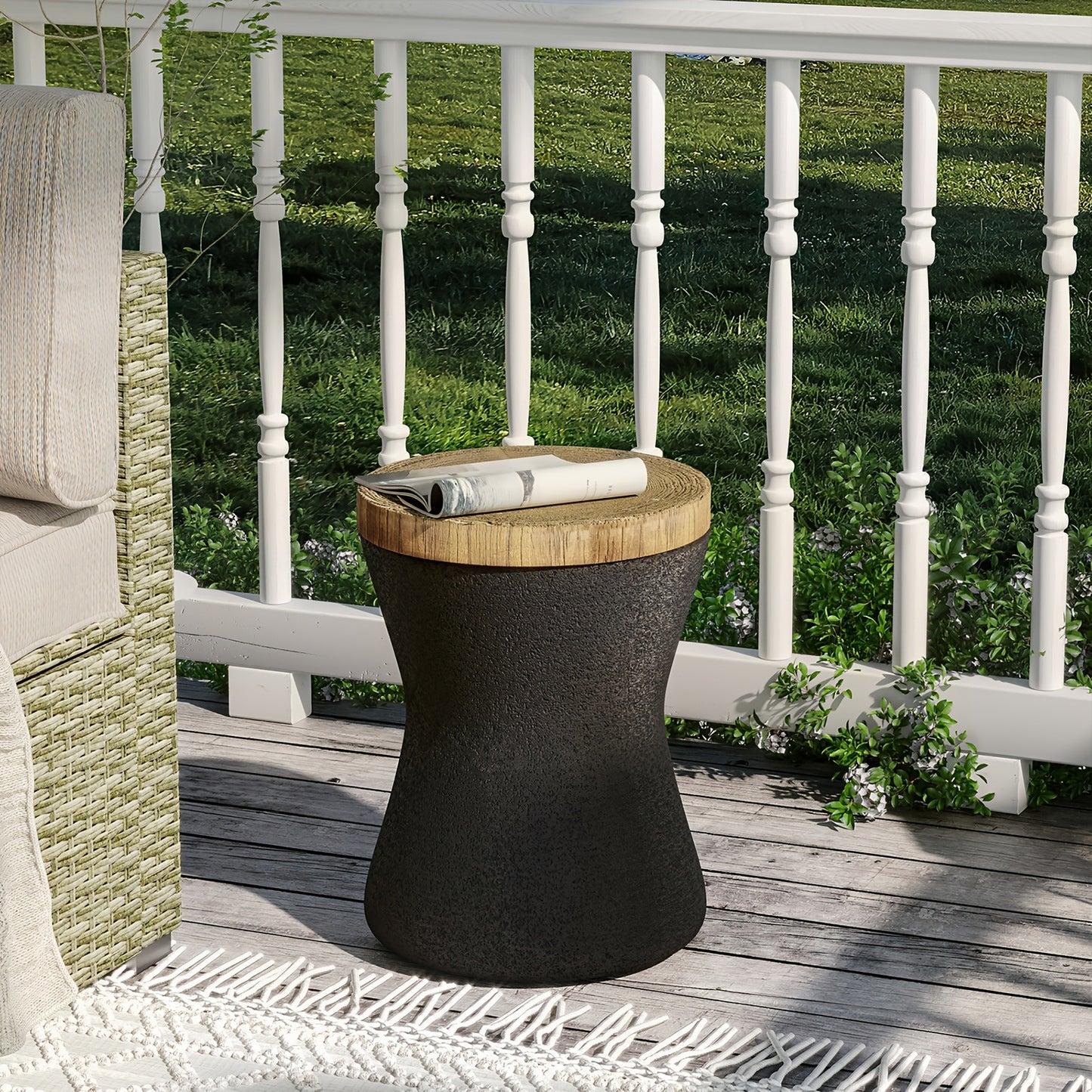Outdoor Side Table 17in Concrete with Wood-Look Top, Accent End Table for Patio, Garden Stool for Living Room, Bedroom, Backyard Decor, Black & Hourglass Style