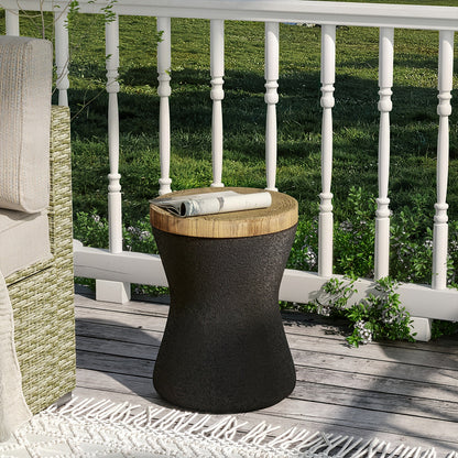 Outdoor Side Table 17in Concrete with Wood-Look Top, Accent End Table for Patio, Garden Stool for Living Room, Bedroom, Backyard Decor, Black & Hourglass Style