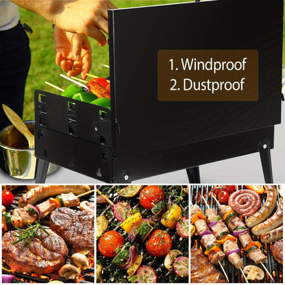 Charcoal Grill Portable BBQ with Hood – Foldable Compact Outdoor Barbecue Grill for Camping Tailgating Picnic Backyard Cookouts | Lightweight Steel with Accessories Included