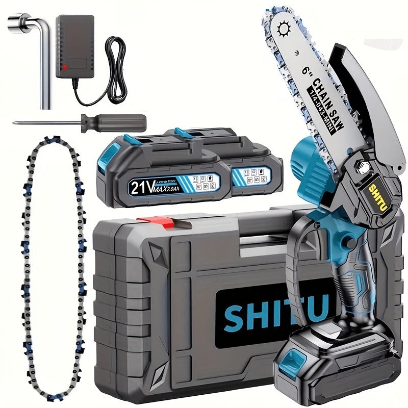 Handheld Electric Chainsaw – Mini Cordless Portable Tree Cutter with Splash Guard, Security Lock, Rechargeable Battery Options, Garden & Yard Gift for Men