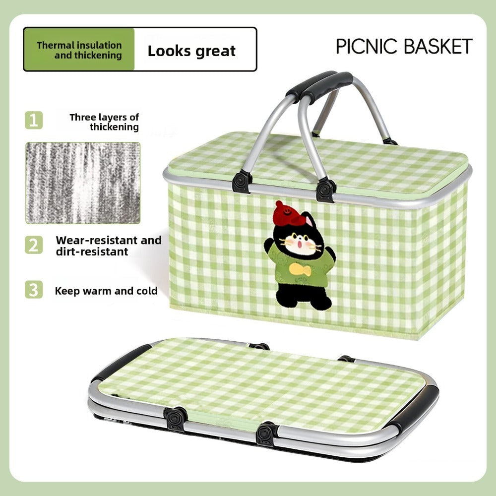 Insulated Picnic Box with Aluminum Frame – Collapsible Thermal Camping Storage Basket for Outdoor Picnic, BBQ, Travel & Camping with Cute Pattern Designs