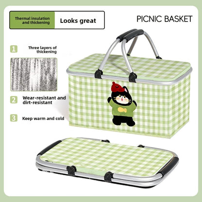 Insulated Picnic Box with Aluminum Frame – Collapsible Thermal Camping Storage Basket for Outdoor Picnic, BBQ, Travel & Camping with Cute Pattern Designs